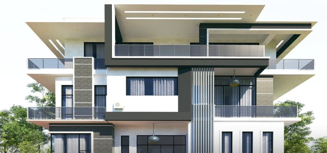 Render of a three-storey 9-bedroom duplex with deep balconies in Asokoro Extension