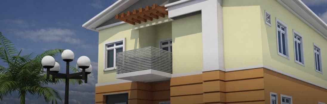 Render of the Daffodil, a two-storey detached house with a balcony and palm trees